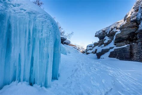 Blue Ice in Winter Canyon, Abisko National Park, Sweden Stock Photo ...