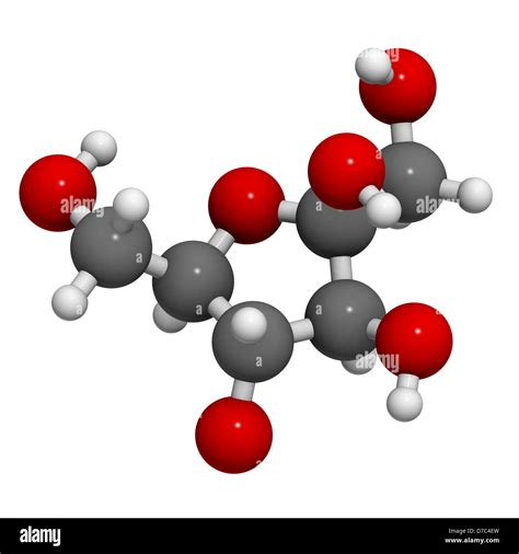 Fructose fruit sugar molecule, chemical structure. Atoms are represented as spheres with ...