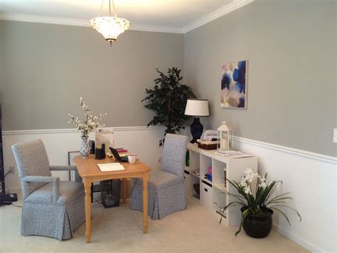 Formal dining room turned into a home office. Wall color is Sherwin Williams Sensible Hue | Home ...