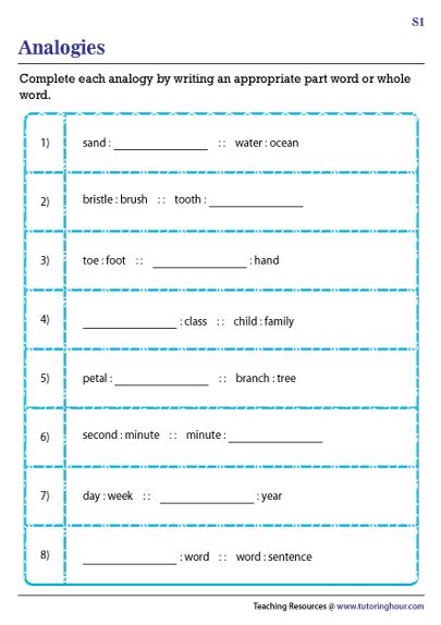 Part-Whole Analogies Worksheets