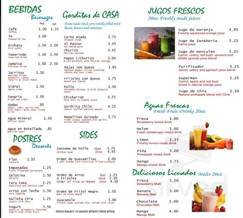 El Indio menu in Chicago, Illinois, USA