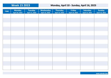 Week 15 2023: dates, calendar and weekly schedule to print