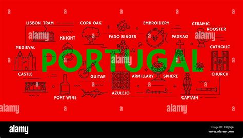 Portugal travel icons and infographics. Portugal culture, history and architecture symbols thin ...