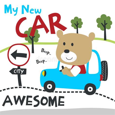 Vector Illustration of Funy Animal Driving the Blue Car. Funny Background Cartoon Style for Kids ...