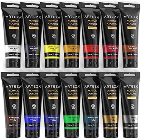 ARTEZA Acrylic Paint Set 14 Colors, 120 ml, 4.06 oz. Tubes W/ Storage Box, Rich Pigments, Non ...