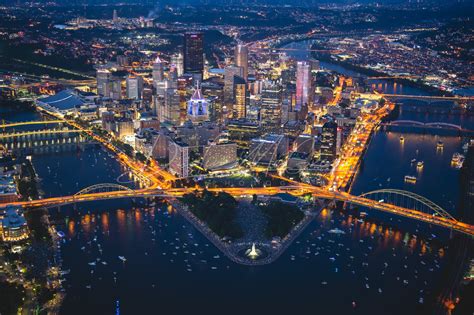 Pittsburgh Skyline Photography - Aerial Pittsburgh Skyline at Night - Dustin McGrew Photography