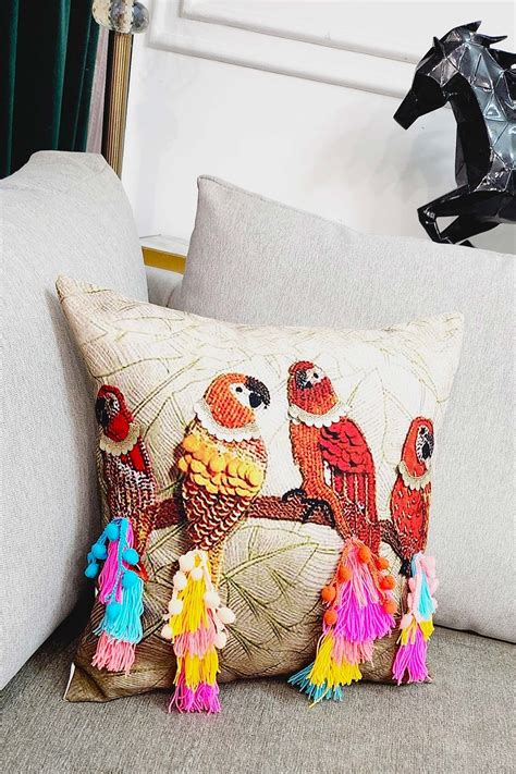 Buy Throwpillow Parrot Embroidered Cushion Cover Online | Aza Fashions