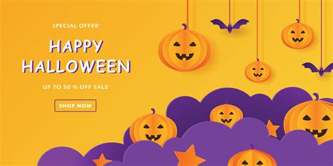 promotion halloween banner template with cloud paper cut style and pumpkin character, bat ...