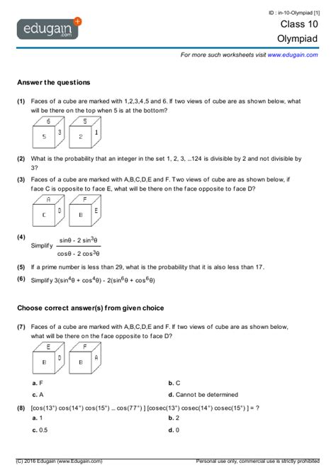 Grade 10 - Mathematics Olympiad | Preparation, Online Practice, Questions, Tests, Worksheets ...