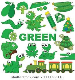 Green Objects Color elements set, collection of coloring book template ...