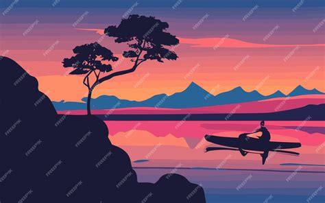 Premium Vector | A silhouette of a kayak off a cliff on during a beautiful sunset