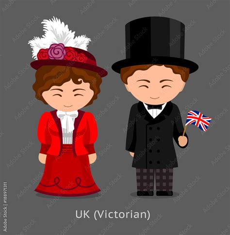 British in national dress with a flag. Victorian fashion. Lady and gentleman in traditional ...