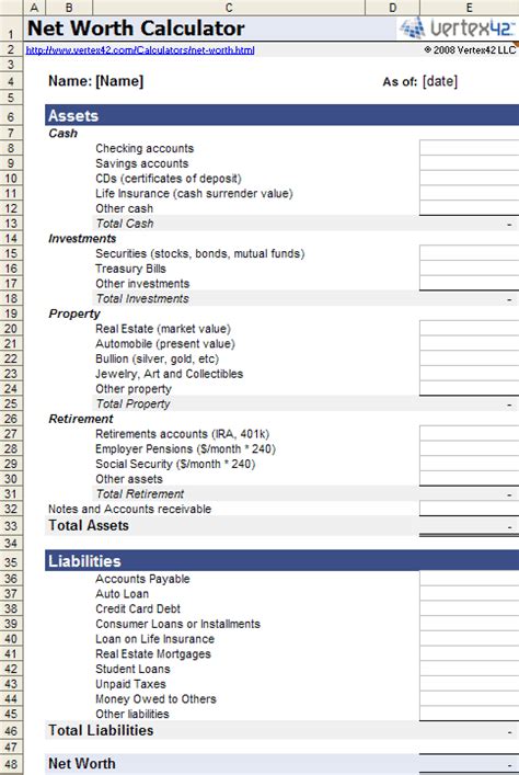 Net Worth Calculator for Excel