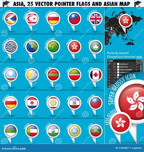 Asia Map And Flags Pointer Icons Set3 Royalty Free Stock Photography ...