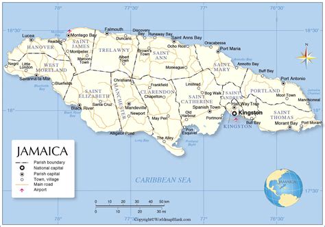 Labeled Map of Jamaica with States, Capital & Cities
