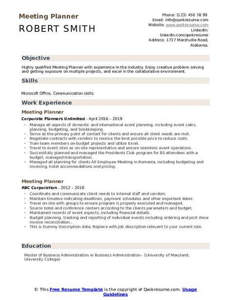 Meeting Planner Resume Samples | QwikResume