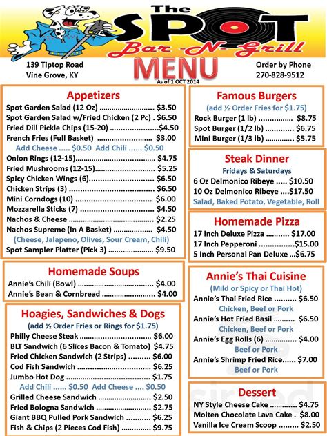 The Spot Bar 'N' Grill menu in Vine Grove, Kentucky, USA