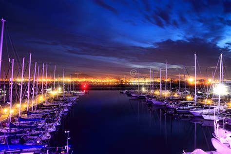 Night View of Ocean Marina with Yachts Editorial Photography - Image of ...