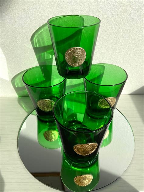 Set of 4 Aperitif Glasses. Mid Century Italian Green Drinkware. Golden ...