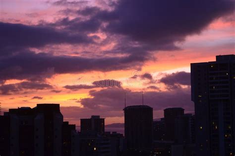 Honolulu, Hawaii, Colorful Skyline Sunset Stock Image - Image of ...