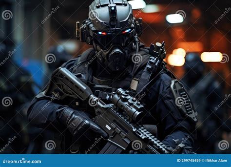 Special Forces Soldier in Black Uniform with Assault Rifle and Machine ...