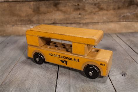 Vintage 1980s Holgate Wooden School Bus #640 Toy Yellow Kids Toy Nursery Decor