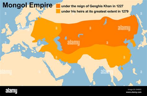 Genghis Khan's Mongol Empire in 1227 and at its greatest extent in ...