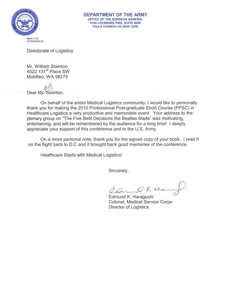 U.S. Army testimonial letter - Connect the Dots