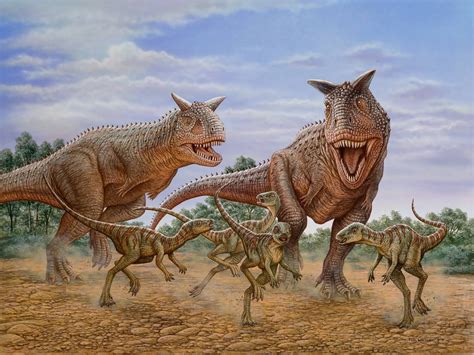 Phil Wilson‎ | Two Carnotaurus chasing a group of Gasparinisaurs | Prehistoric animals, Dinosaur ...