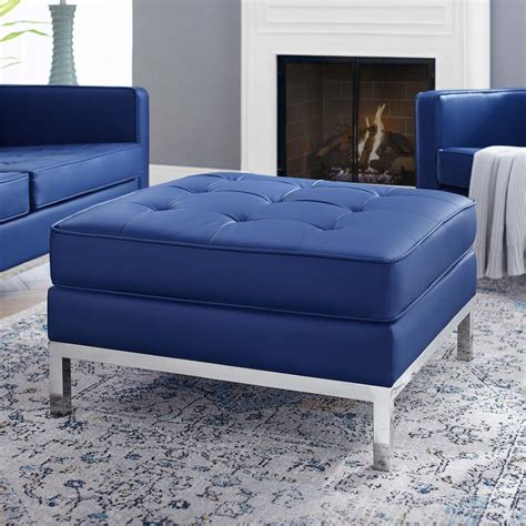 Loft Tufted Upholstered Faux Leather Ottoman In Silver Navy - Hyme Furniture