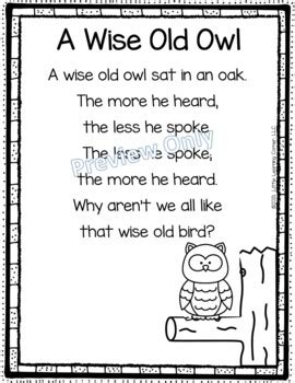 A Wise Old Owl Nursery Rhyme by Little Learning Corner | TPT