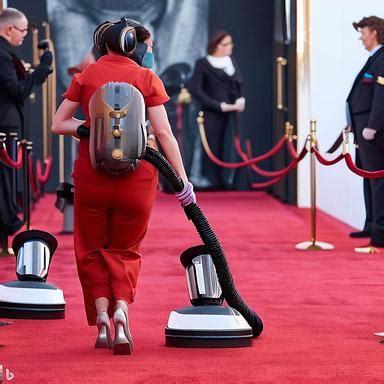 red carpet entrance at the Oscars while a cleaning lady wearing large headphones is still ...