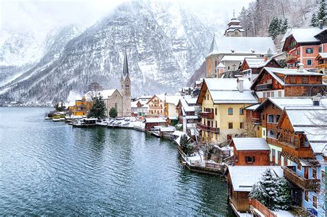 Wallpaper Hallstatt Austria Winter Mountains Snow Coast Cities