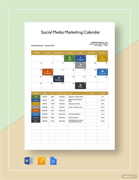 Social Media Marketing Calendar Template - Download in Word, Google Docs, Apple Pages | Template ...