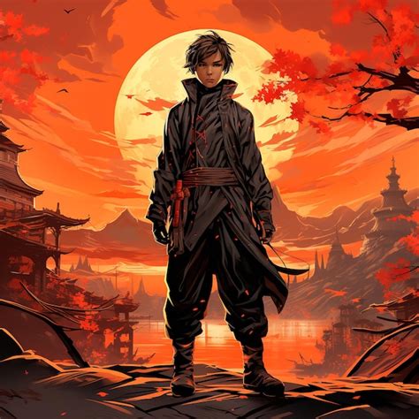 Young man ninja anime boy full body with china monument background ...