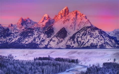 snow, Mountains, Sky, Snowy peak, Sunset, Grand Teton National Park, Snake river overlook, Trees ...