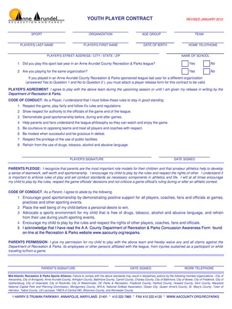 2012 Form MD Youth Player Contract - Anne Arundel County Fill Online ...