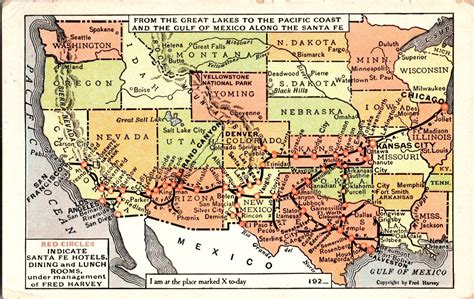 Santa Fe Railroad Map, Showing Fred Harvey Hotels & Dining c1924 ...