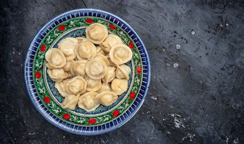 Dumpling Uzbek Cuisine. Uzbek Food Manti or Dumplings. Homemade Uzbek Dish. Long Banner Format ...