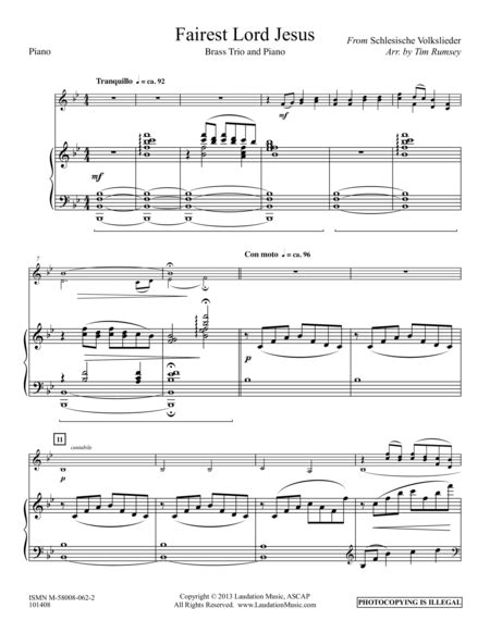 Fairest Lord Jesus (arr. Tim Rumsey) Sheet Music | Traditional | Instrumental Duet and Piano