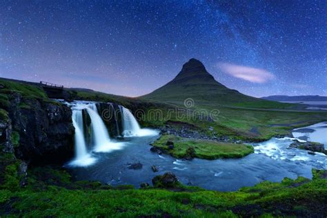 Starry Sky on Kirkjufellsfoss Waterfall. Stock Photo - Image of iceland ...