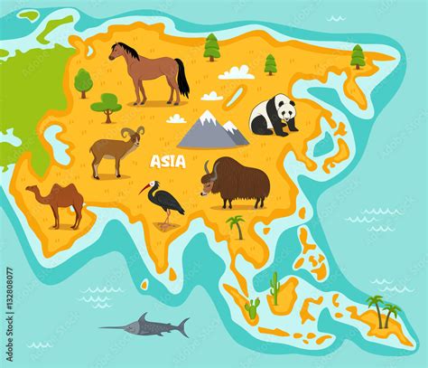 Vecteur Stock Asian map with wildlife animals vector illustration. Asian flora and fauna, horse ...