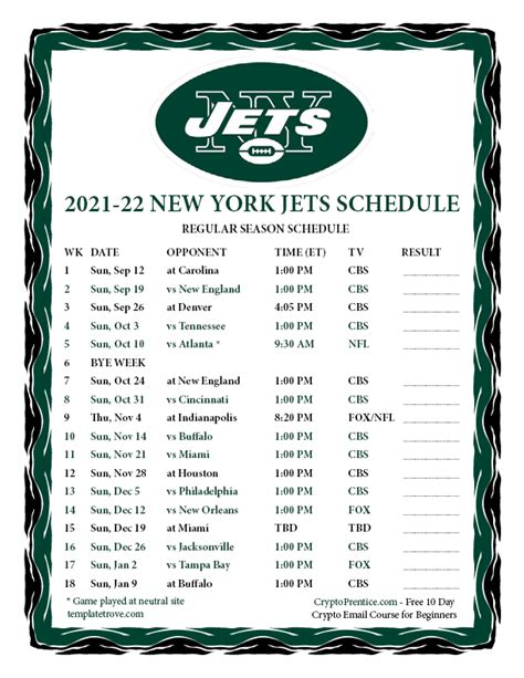 Printable 2021-2022 New York Jets Schedule