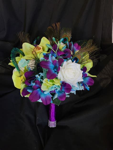 Galaxy Orchid, Green Orchid, Teal Real Touch Rose Bridal Bouquet, Peacock Feathers, Bride ...