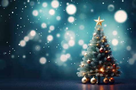 Christmas tree with golden star on bokeh background. 3d rendering ...