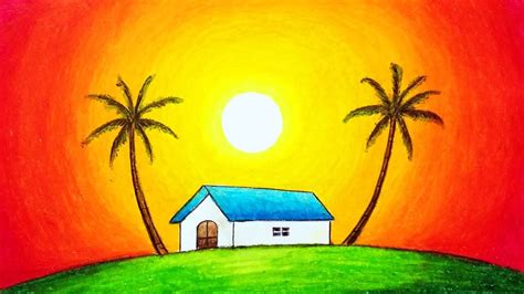 How to Draw Easy Scenery of Beautiful Sunset | Simple Nature Scenery ...