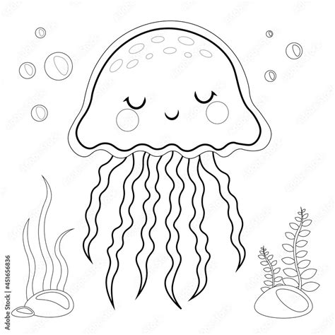 Cute Jellyfish Coloring Page Vector Illustration isolated on White ...