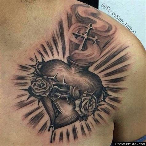 Black And Grey Sacred Heart With Roses Tattoo On Left Front Shoulder By ...