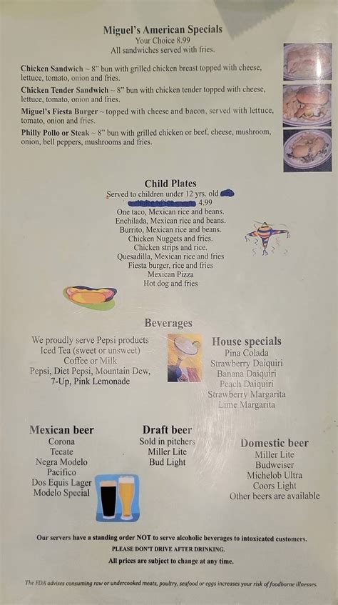 Menu at Miguel's Mexican Restaurant, Brandenburg