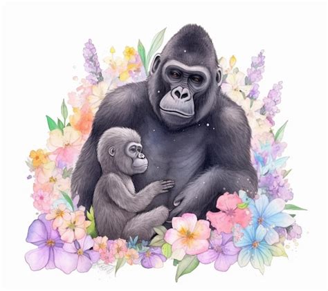 Premium AI Image | A watercolor drawing of a gorilla and a baby with ...